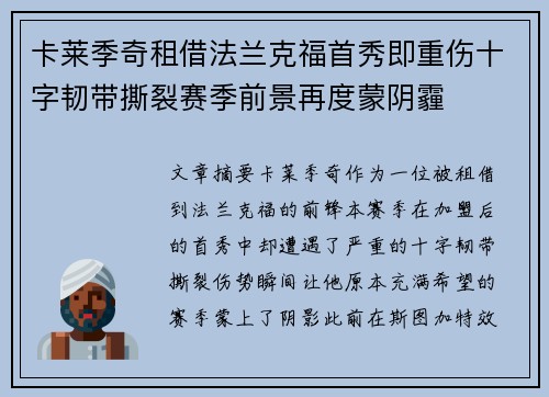 卡莱季奇租借法兰克福首秀即重伤十字韧带撕裂赛季前景再度蒙阴霾