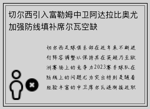 切尔西引入富勒姆中卫阿达拉比奥尤加强防线填补席尔瓦空缺
